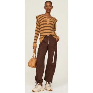 Line and Dot Striped Sailor Collar Ribbed Knit Henley Sweater Brown Tan Sz S